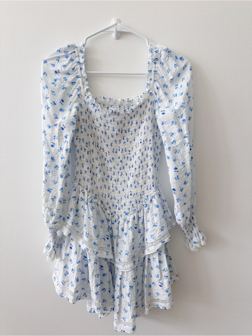 Smocked White Mini Dress with Blue Floral Print